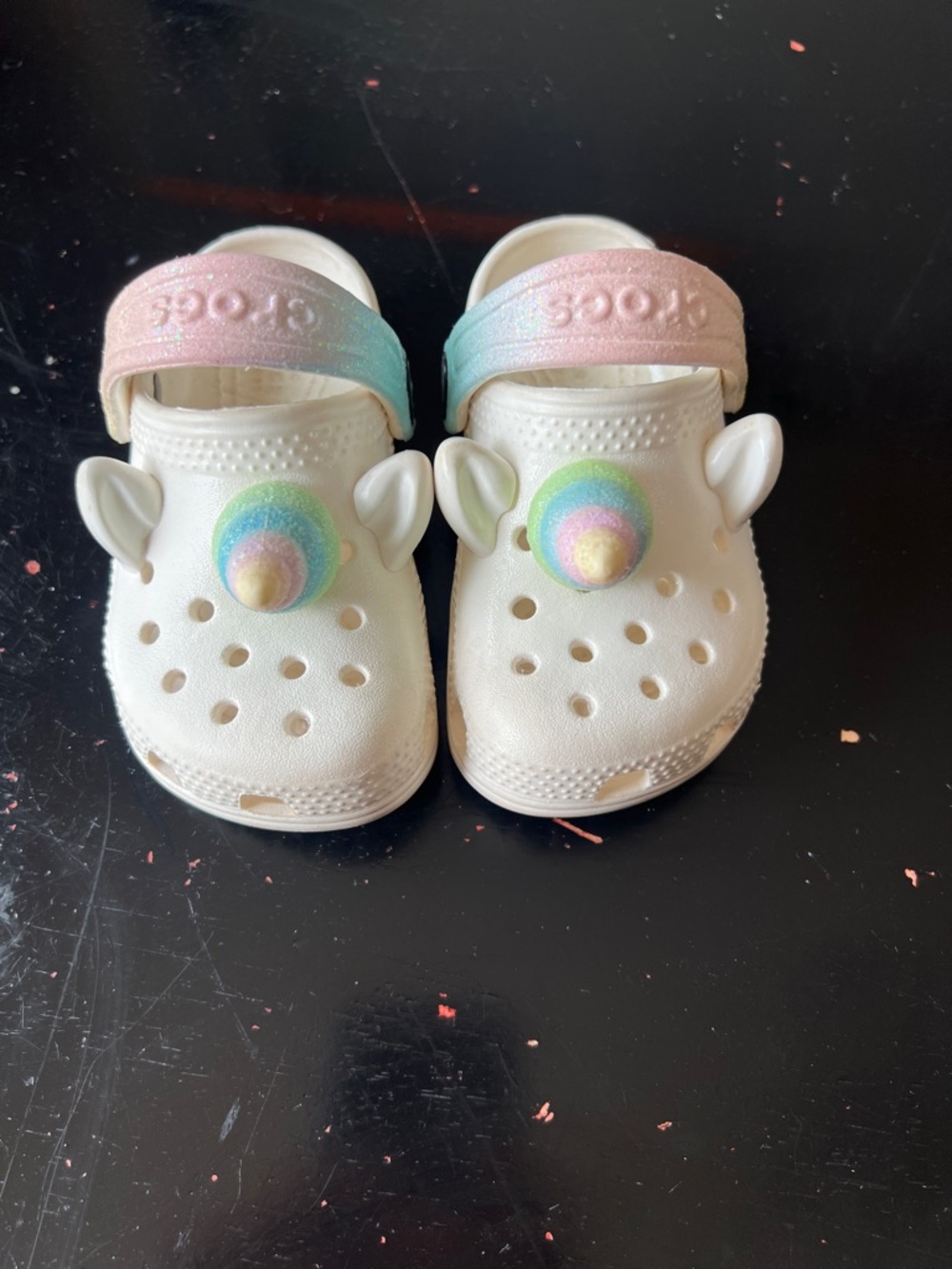 CROCS White Kids Clogs with Pastel Rainbow Strap and Unicorn Charm